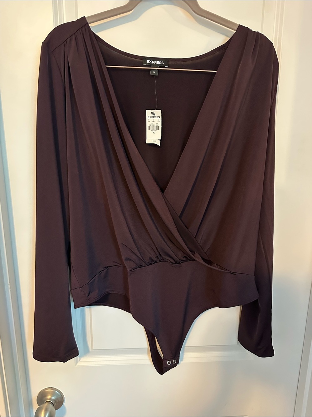 Express Long-Sleeve Wrap Bodysuit in Deep Plum